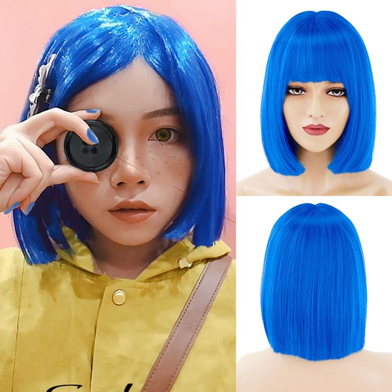 Photo 1 of Akkya Short Bob Wig with Bangs Black Pink Blue Purple Red Green Blonde Orange Brown Yellow Hair Hot Colorful Colored Bob Cut Costume Halloween Wigs for Women Kids
