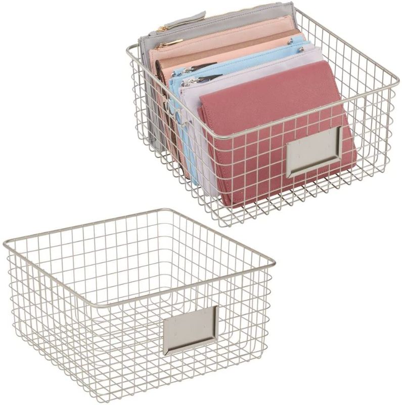 Photo 1 of mDesign Farmhouse Deco Metal Wire Storage Organizer Basket Bin with Handles for Organizing Closets, Shelves and Cabinets in Bedrooms, Bathrooms, Entryways, Hallways, 2 Pack - Satin
