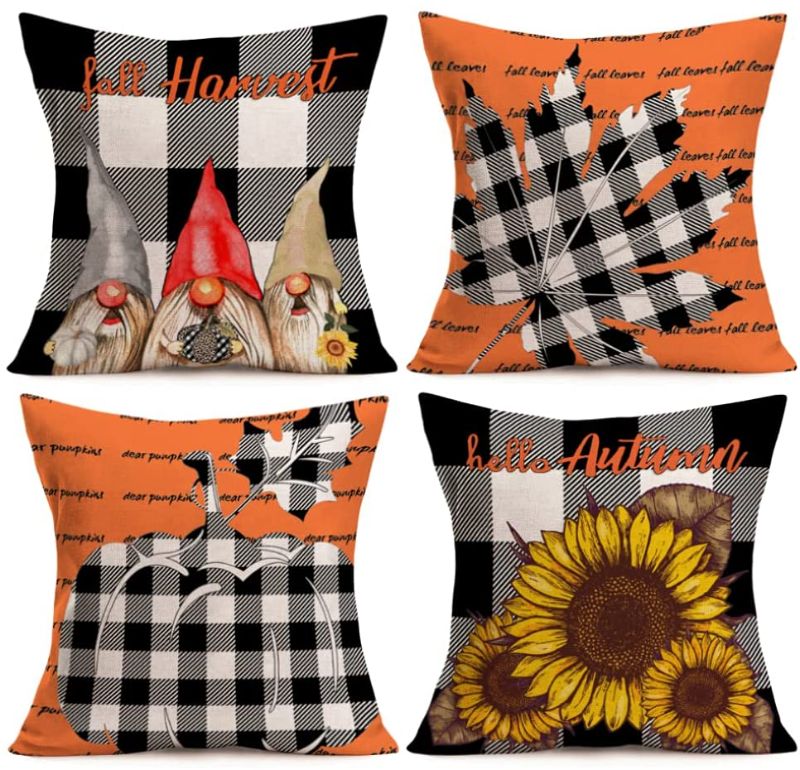 Photo 1 of Aremetop Vintage Fall Buffalo Check Plaids Pumpkin Maple Leaves Thorw Pillow Covers 18x18 Inch Set of 4 Outdoor Autumn Harvest Farmhouse Decor Sunflower Gnomes Cushion Case Thanksgiving Decorations
