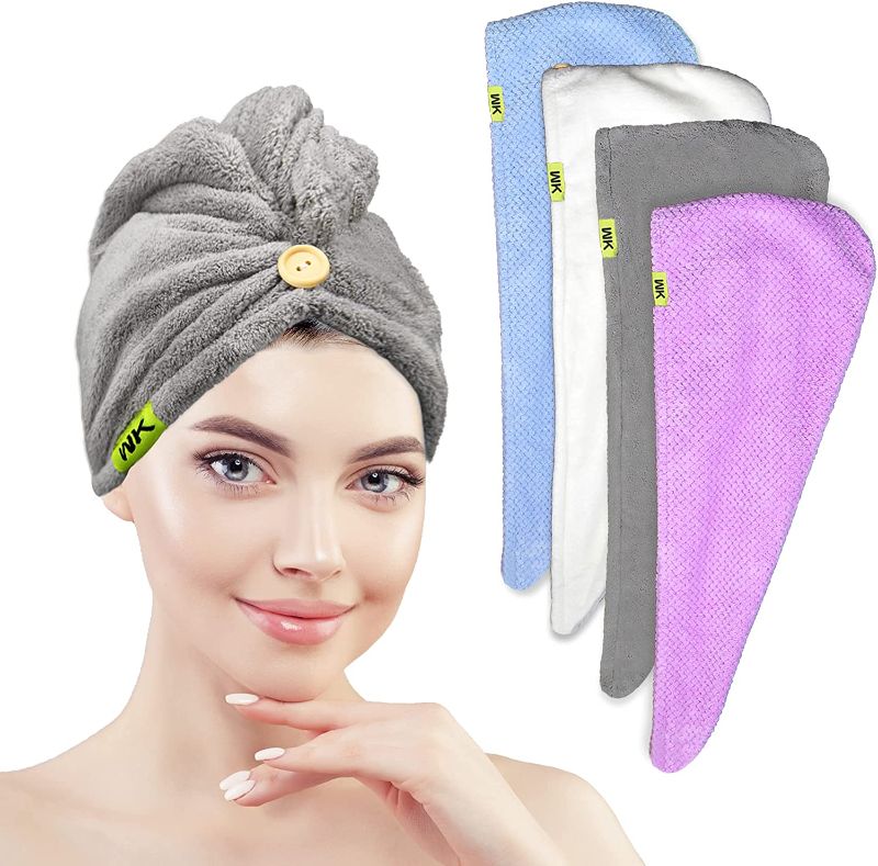 Photo 1 of WK Hair Towel Wrap Fast Drying Hair Turban, Anti-Frizz Microfiber Hair Towels for Women, Super Absorbent Hair Drying Towels for Curly Hair, 4 Pack,25 x 10 Inch (Gray,White,Blue,Purple)
