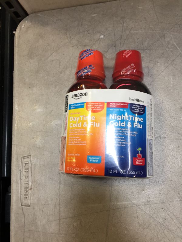 Photo 3 of Amazon Basic Care Daytime & Nighttime Cold & Flu Relief; Cold Medicine Combination Pack, 24 Fluid Ounces
(factory sealed exp 04/2022