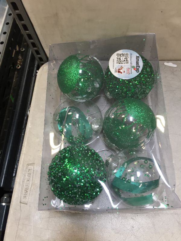 Photo 2 of XmasExp Christmas Ball Ornaments Set-100mm/3.94" Green Large Shatterproof Clear Glitter Pastic Christmas Ball Ornaments Xmas Tree Decoration Delicate
