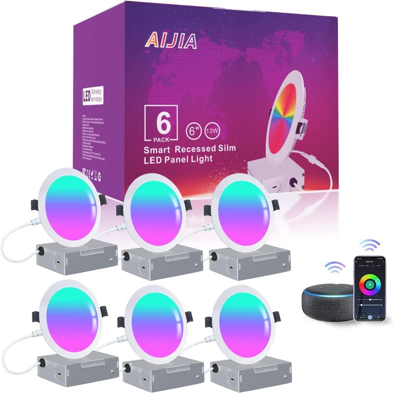 Photo 1 of AIJIA 6 inch Smart Recessed Lighting, 13W Canless LED Recessed Light RGB Controllable Downlight LED Retrofit Ceiling Light Slim Lights J-Box Color Changing Alexa/Google Dimmable(6 Pack)