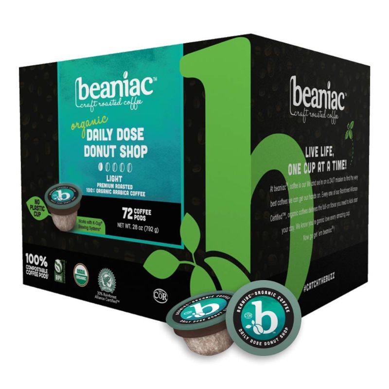 Photo 1 of beaniac Organic Daily Dose Donut Shop| Light Roast, Single Serve Coffee K Cup Pods | Rainforest Alliance Certified | 72 Compostable, Plant-Based Coffee Pods | Keurig Brewer Compatible Exp date 08-2022