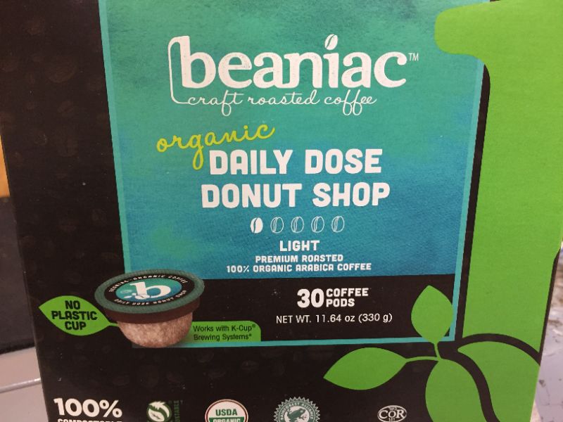 Photo 2 of beaniac Organic Daily Dose Donut Shop| Light Roast, Single Serve Coffee K Cup Pods | Rainforest Alliance Certified | 72 Compostable, Plant-Based Coffee Pods | Keurig Brewer Compatible Exp date 08-2022