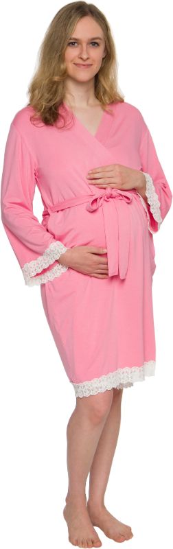 Photo 1 of Maternity Kimono Robe W/ Lace Trim - Lightweight Labor and Delivery Nursing Bathrobe for Moms - Silver Lilly (Dusty Pink, Large / X-Large)