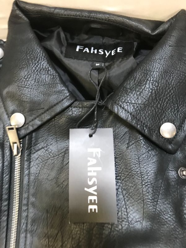 Photo 3 of Fahsyee Leather Jackets for Men, Faux Motorcycle Lapel Asymmetric Zip-Up Belt Slim Fit Biker Coat size m 