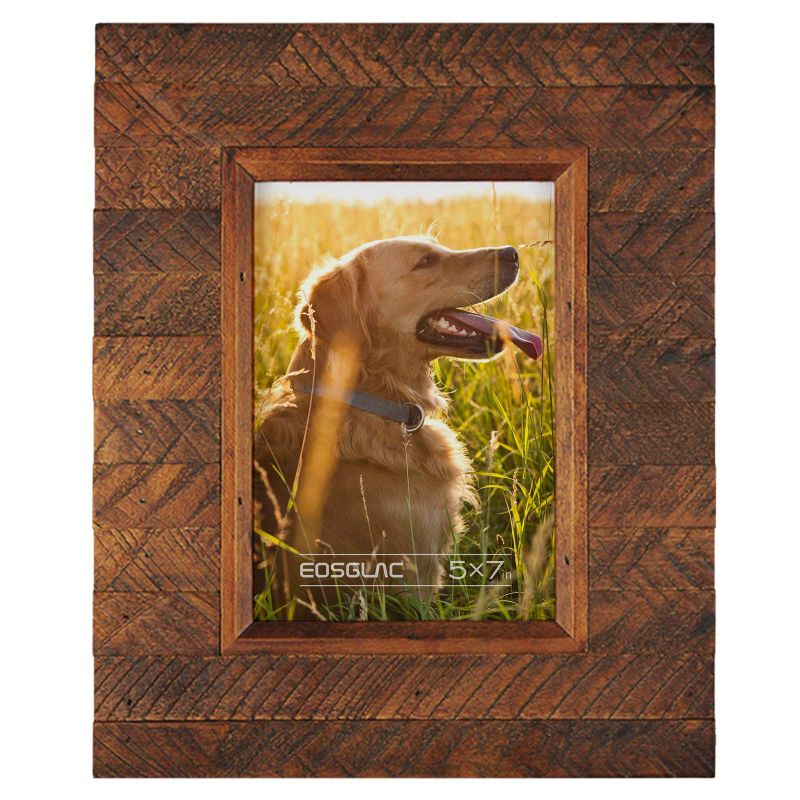 Photo 1 of Eosglac Wooden Picture Frame 5x7 inch, Wood Plank Design with Rustic Brown Finish, Wall Mounting or Tabletop Display, Handcrafted Photo Frame
