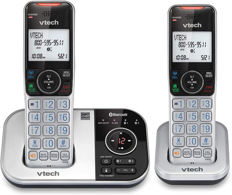 Photo 1 of VTECH VS112-2 DECT 6.0 Bluetooth 2 Handset Cordless Phone for Home with Answering Machine, Call Blocking, Caller ID, Intercom and Connect to Cell (Silver & Black)
