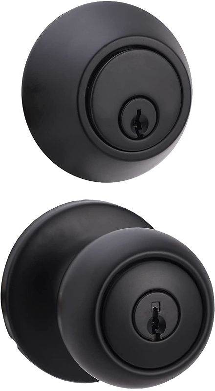 Photo 1 of Amazon Basics Exterior Door Knob With Lock and Deadbolt, Coastal, Matte Black
