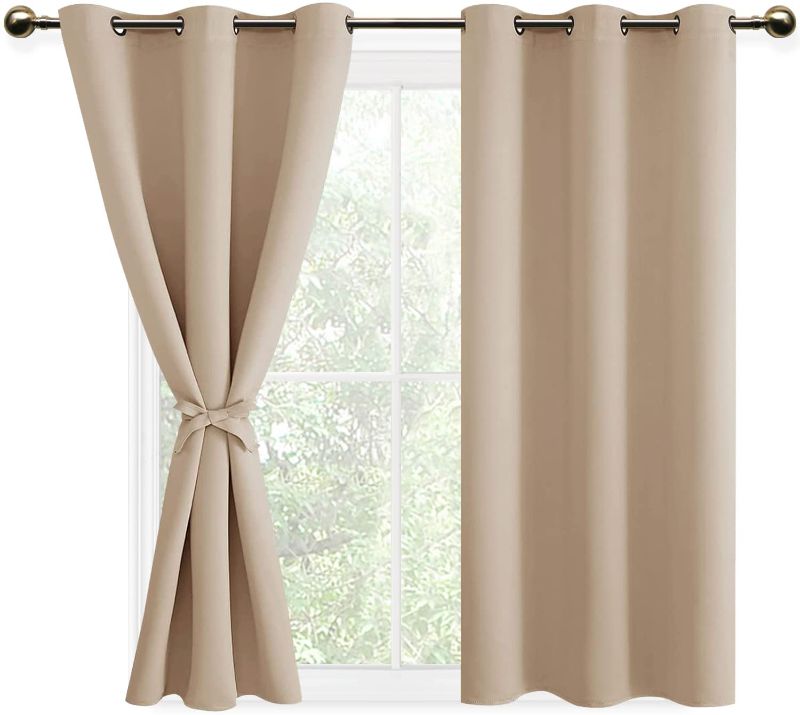 Photo 1 of DWCN Blackout Curtains for Bedroom with Tiebacks - Room Darkening Privacy Grommet Top Window Curtains for Living Room, 38 x 54 inch Length, Beige, Set of 2
