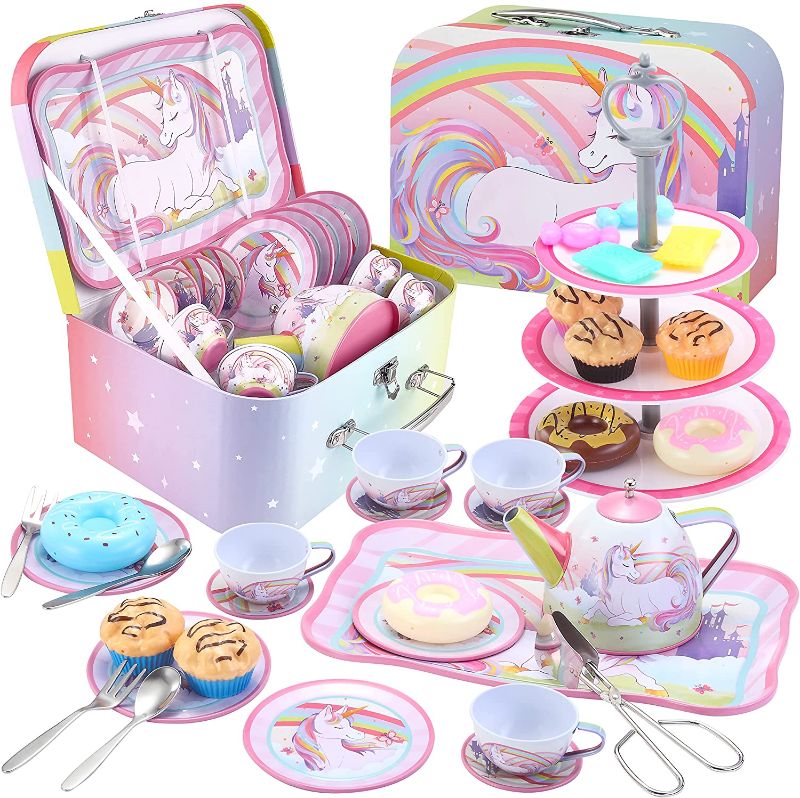 Photo 1 of JOYIN Unicorn Castle Pretend Tin Teapot Set for Tea Party and Kids Kitchen Pretend Play Kitchen Set Sweet Princess Accessories Plastic Tea Cups Dishes Play Food
