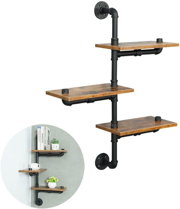 Photo 1 of HEONITURE Industrial Pipe Shelving, Pipe Shelves with Wood Planks, Floating Shelves Wall Mounted, Retro Rustic Industrial Shelf for Bar Kitchen Living Room
