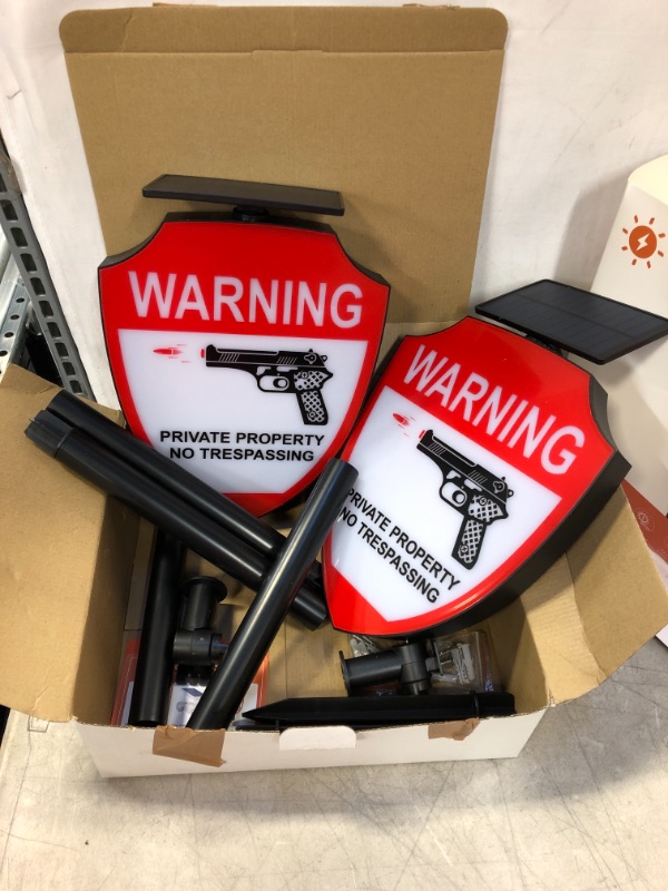 Photo 1 of BNT Solar No Trespassing Sign, Outdoor Wall-Mounted Gun Warning Sign with Stake, Gun Accessories Gun Safety for Yard, Street, House, Garden (1 Pack)
