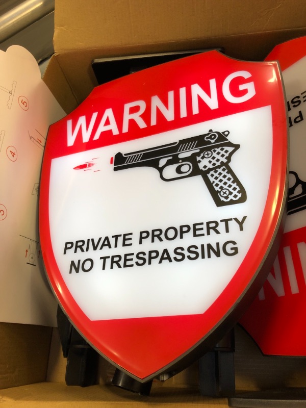 Photo 4 of BNT Solar No Trespassing Sign, Outdoor Wall-Mounted Gun Warning Sign with Stake, Gun Accessories Gun Safety for Yard, Street, House, Garden (1 Pack)
