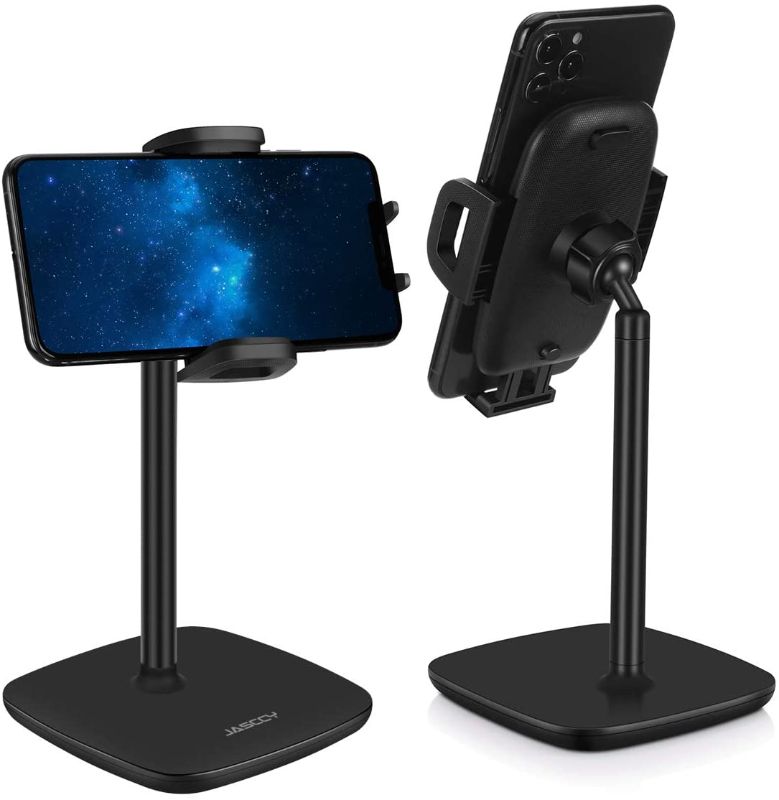 Photo 1 of JASCCY Cell Phone Stand for Desk with Stable Anti-Slip Clip, Adjustable Angle Desktop Phone Holder Mount Cradle & Dock, Compatible with iPhone, Samsung, All Phones (4-8 inches) - Black