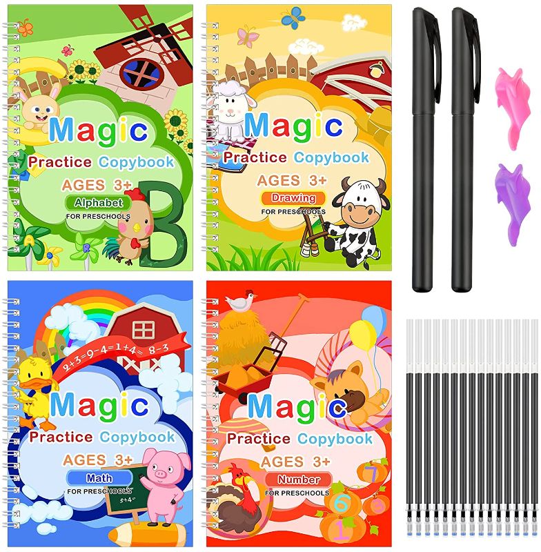 Photo 1 of 4Pcs Magic Practice Copybook for Kids Reusable Magical Handwriting Copybooks Set Template Design Calligraphy Copybook Workbook with Magical Pen Alphabet Number Drawing Math(4 Books with Pens)
