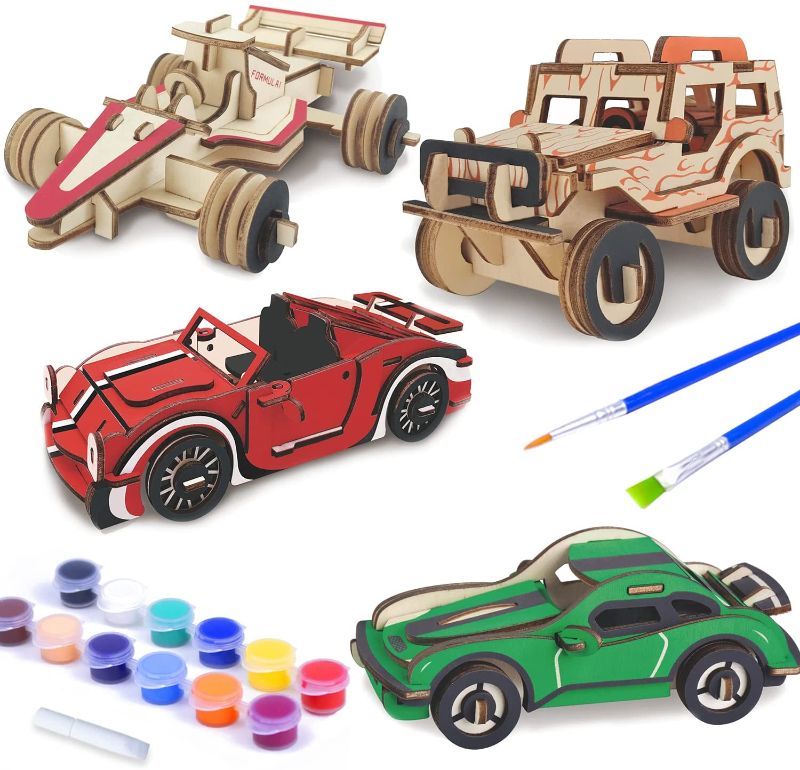 Photo 1 of 4 Pack DIY 3D Paint Wooden Puzzles Kit for Kids, Racing Car Model Paint Kit with Brush Toys for Children, Educational Crafts Building STEM
