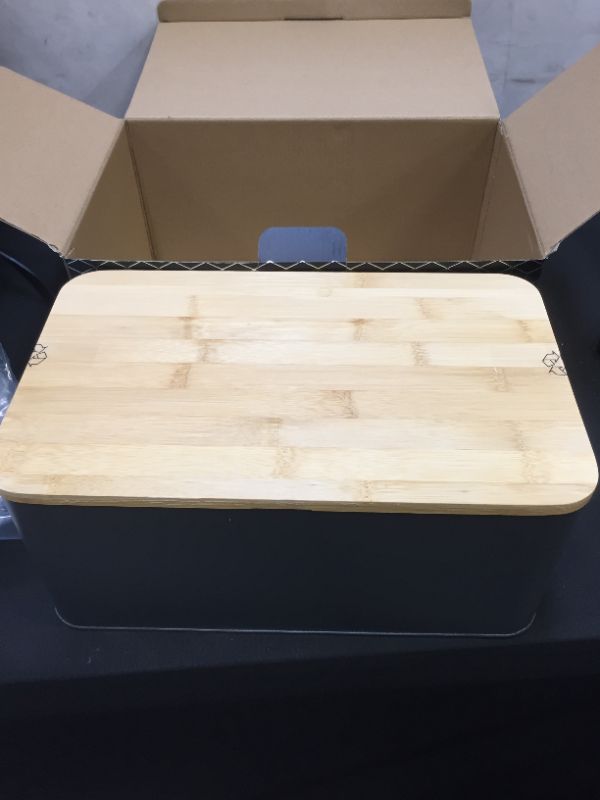 Photo 2 of Bread Box for Kitchen Countertop - Large Metal Breadbox with Wooden Bamboo Chopping Board Lid - Kensington London Bread Storage Container and Holder - Cut, Serve, and Store Bread Fresher For Longer
