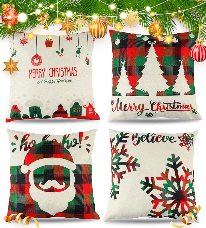 Photo 1 of Christmas Throw Pillow Cover Decorations, Holiday Xmas 18"X18" Decorative Case Cushion Winter Covers Sofa Couch Indoor Outdoor Cotton Linen Pillowcase with Zipper Home Festival Party Red Santa Tree
