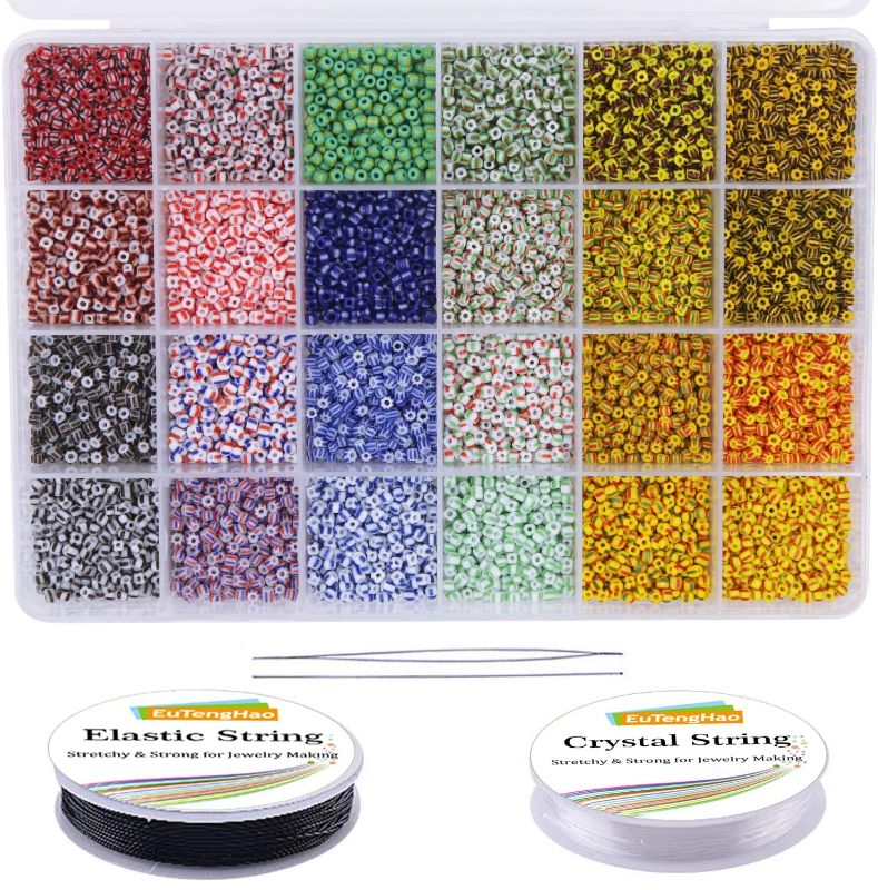 Photo 1 of EuTengHao 9600Pcs Glass Seed Beads 3mm Small Striped Seed Beads for Bracelet Necklaces DIY Crafting Jewelry Making Supplies with Two Bracelet String (400Pcs Per Color, 24 Colors)
