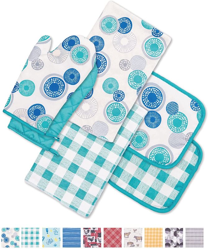 Photo 1 of 6 Pack Kitchen Set | 2 Oven Mitts and 2 Square Pot holders of Quilted Lining with Cotton Wadding - 2 Dish Towels for Drying Dishes | Perfect for Gifting, Baking and Everyday Cooking (MT & TGG)
