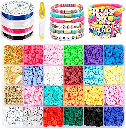 Photo 1 of Flat Clay Beads for Jewelry Bracelet Making Kit,6mm 20 Colors Flat Polymer Heishi Beads DIY Arts and Crafts Kit with Smiley Face Letter Bead,Gifts for Girls Age 6-12