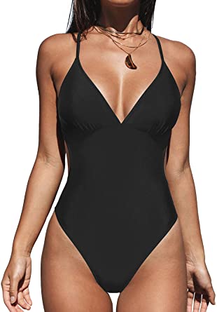 Photo 1 of CUPSHE Women Crisscross Back Ruched One Piece Swimsuit Cut Out V Neck High Cut Thin Straps Bathing Suit size s 