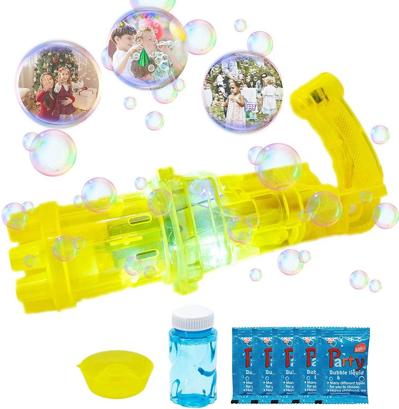 Photo 1 of Bubble Guns for Toddlers 1-3 Bubble Gun for Kids Bubble Machine Gun Gatling Bubble Machine Gatling Bubble Gun for Toddlers Toys Gifts Indoor Outdoor 8 Holes Output LED - Yellow
