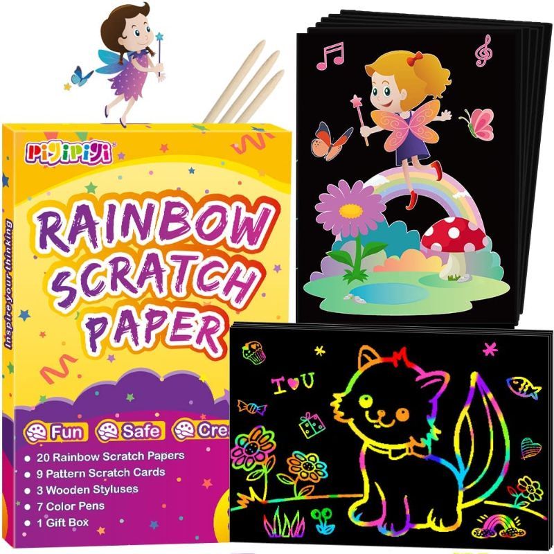 Photo 1 of QXNEW Art and Craft Gift for Kids - Magic Scratch Rainbow Paper Art Set for Girls Boys Activity Coloring Doodle Drawing Pad Card Board Supply Kit for Children Teen Birthday Toy