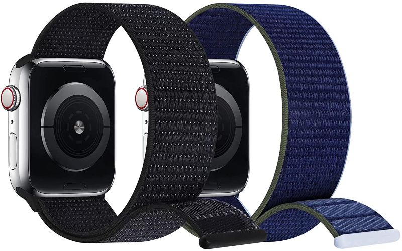 Photo 1 of 2 pack vezobe Solo Loop Compatible with Apple Watch Band 42mm/44mm/45mm,iWatch Series SE 7 6 5 4 3 2 1 Strap, Elastic Braided Breathable Soft Light Replacement Wristband Reflective Black/Deep Navy Blue
