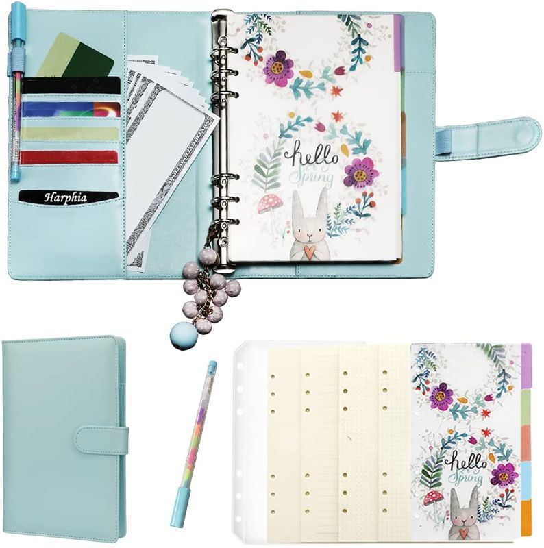 Photo 1 of A6 Binder 6-Ring Spiral Notebook Personal Planner with Refills x80 Sheets, Zip Pouch Bag x1, Rainbow Pen x1, Divider Tabs x5, Today Ruler x1, Pendant Deco x1 Harphia (Mint Blue, A6 7.48 x 5.51'')
