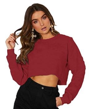 Photo 1 of Casual Crop Sweatshirt for Women Crewneck Cropped Shirt Workout Long Sleeve Crop Top, Small, Wine Red