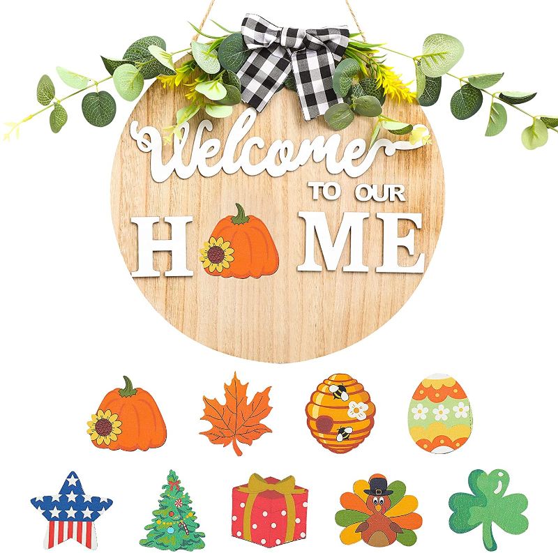 Photo 1 of Welcome Sign for Front Door Hanging Wooden Wreath Rustic Farmhouse Porch Wall Round Decor for Halloween Christmas
