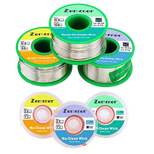 Photo 1 of Zemoner 3 Sizes Solder Wire ?0.6/0.8 / 1mm Flux Rosin Core with 3 Sizes Solder Wicks ?1.5/2 / 2.5mm No-Clean Solder Braided Wick