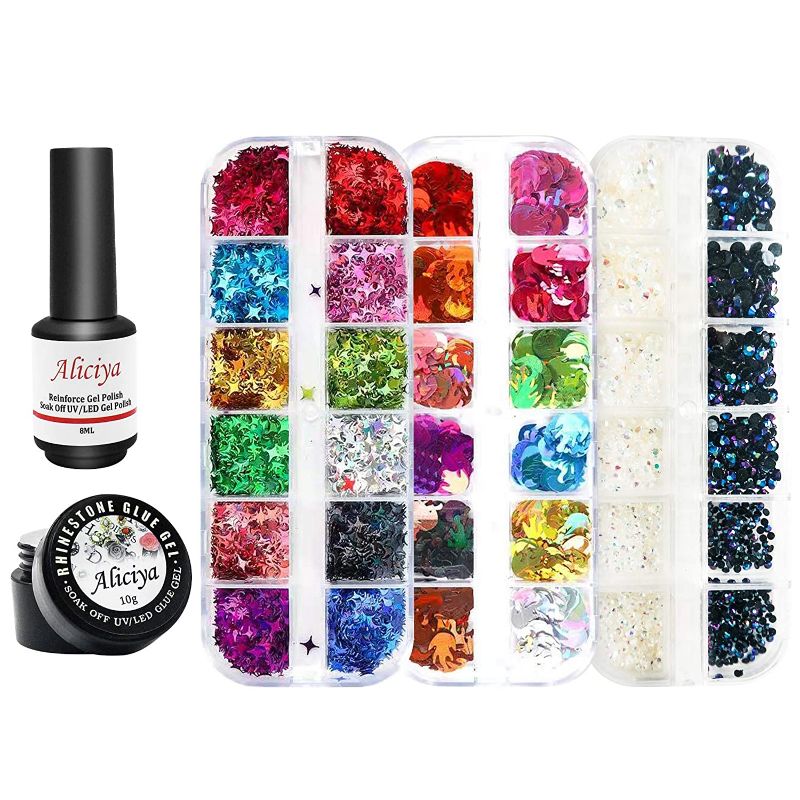 Photo 1 of Aliciya 3D Nail Art Decoration Kits with Nail Strengthener Reinforce Gel Polish, Nail Builder Gel and 36 Styles Star & Circle Nail Gems Nail Decors Nail Flakes, Nail Rhinestone,Glitter,