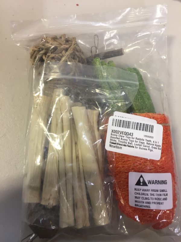 Photo 2 of 4 Pack Rabbit Chew Toys for Teeth, Bunny Chew Treats, 100% Natural Apple Wood Sticks Timothy Hay Balls Loofah Carrot Sweet Bamboo Toys for Bunnies/Chinchillas/Guinea Pigs/Hamsters
