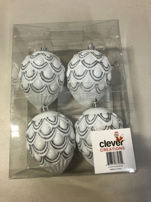 Photo 2 of Clever Creations 4 Pack Christmas Pinecone Ornament Set, Shatterproof Holiday Décor for Christmas Trees, White
