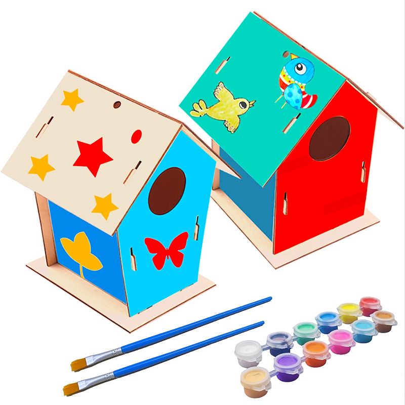 Photo 1 of BEBEKULA DIY Bird House Kit for Kids, 2 Pack Wooden Birdhouse Kit to Build and Paint with 12 Paints and 2 Brushes, Craft Kits for Kids Girls Boys Ages 4-8
