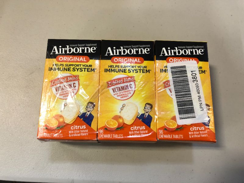 Photo 1 of Airborne 1000mg Vitamin C Chewable Tablets with Zinc, Immune Support Supplement with Powerful Antioxidants Vitamins A C & E - (96 count bottle), Citrus Flavor, Gluten-Free 3 Pack