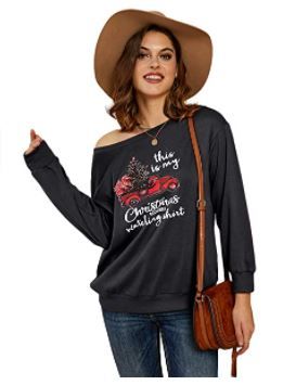 Photo 1 of Women's Christmas Sweatshirt Off Shoulder Long Sleeve Casual Graphic Pullover Shirts LARGE