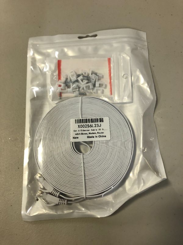 Photo 1 of 50ft Ethernet Cable High Speed, Cat6 Long Thin Internet Network Cable 50 ft, Flat Computer LAN Cord with RJ45 Connector, Cat 6 Cable for Xbox, Router, Modem (White, 20 Clips 2 Labels)
