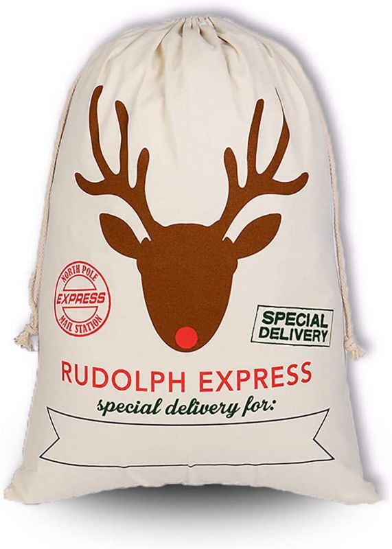 Photo 1 of Personalized Extra Large Cotton Santa Sack Bag with Drawstring Tie Closure Christmas gift bag for Storing Presents, Stocking Stuffers or Decorations
