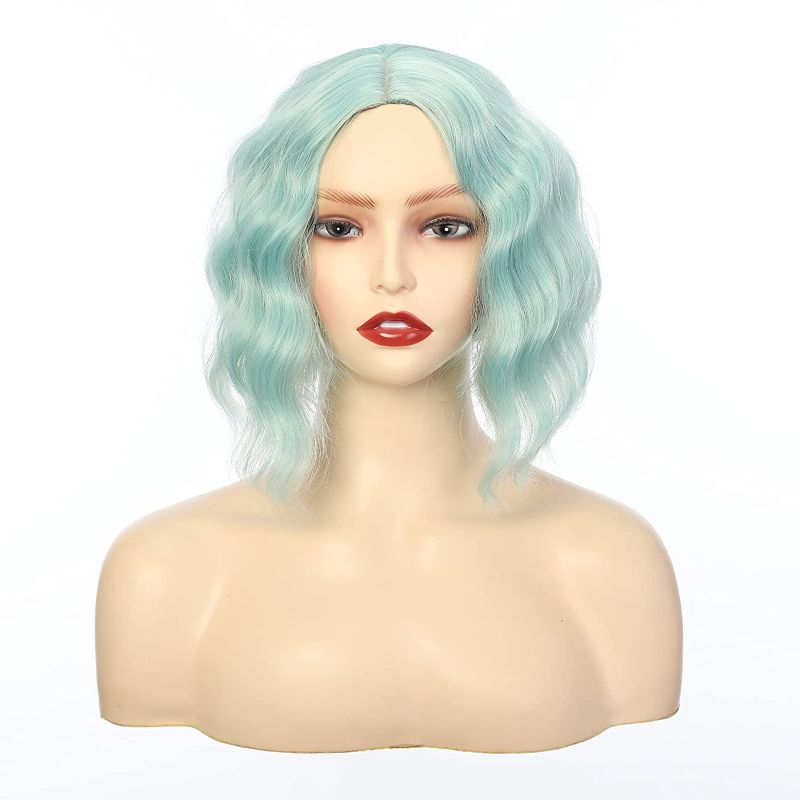 Photo 1 of Short Bob Wavy Wigs For Women Mint Green color Natural Wavy Flapper Wigs Cute Bob Synthetic Daily Party Cosplay Wig For Girl Costume Fashion Wig 10 Inches Mint Green
