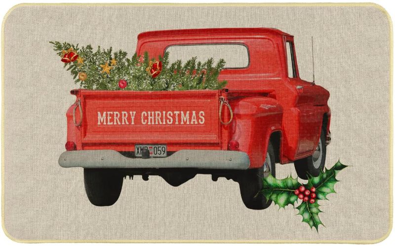 Photo 1 of Christmas Door Mat, Low Profile Welcome Mat with Rubber Backing, Durable & Nonslip Doormat Outdoor, Truck Merry Christmas Seasonal Floor Mat for Indoor Front Door Porch Entrance, 17" x 29"
