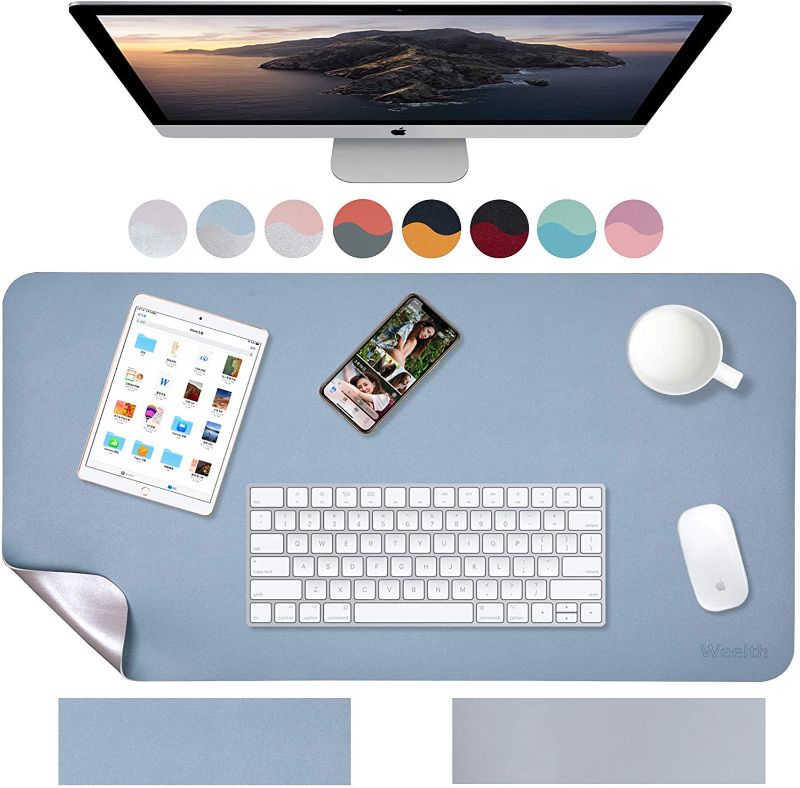 Photo 1 of Weelth Multifunctional Office Desk Pad, 35.4" x 17" Waterproof Desk Pad Protector PU Leather Dual-Sided Desk Writing Pad for Office/Home (Light Blue/Sliver, 35.4" x 17")
