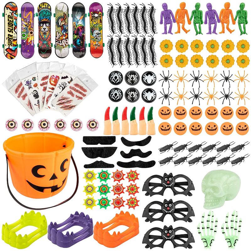 Photo 1 of COVTOY Halloween Party Favors for Kids, Halloween Pumpkin Bucket Goodie Bag Fillers Treat Toys, Halloween Carnival Prizes Stuff Toys for 2 3 4 Year Old Boys Girls (139 PCS)
