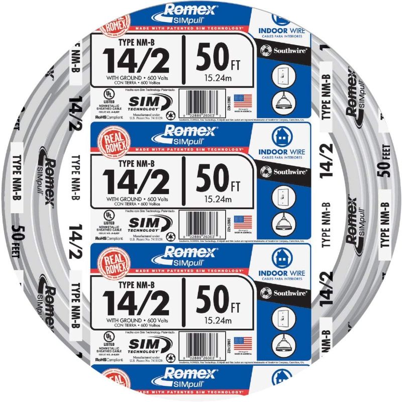 Photo 1 of Southwire Building Wire 14 Ga, 2 Conductor 15 Amp 600 V 90 Deg C 50 ' White
