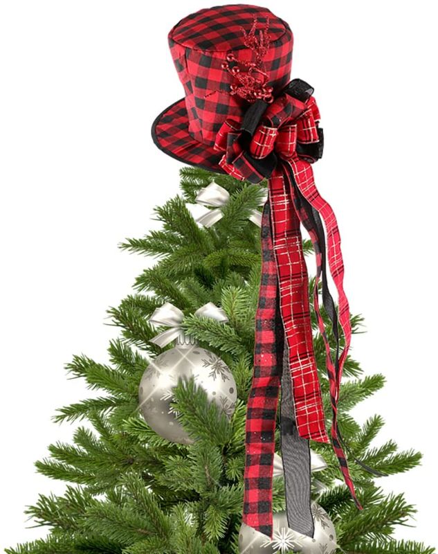 Photo 1 of Christmas Tree Topper Hat, Black and Red Plaid Bowler Derby Hat with Large Bow, Christmas Tree Decorations Xmas Ornaments for Holiday Home Decor?Red and Black?
