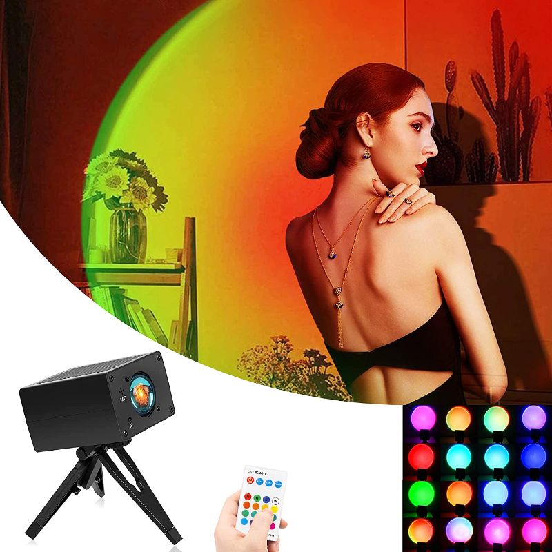 Photo 1 of Sunset Lamp Projector, Color Changing 16 RGB Projection Led Night Light with Remote Control, Romantic Atmosphere Sun Rainbow Lamp for Cinema Theme Bedroom Bar Wedding Party (B) (B)
